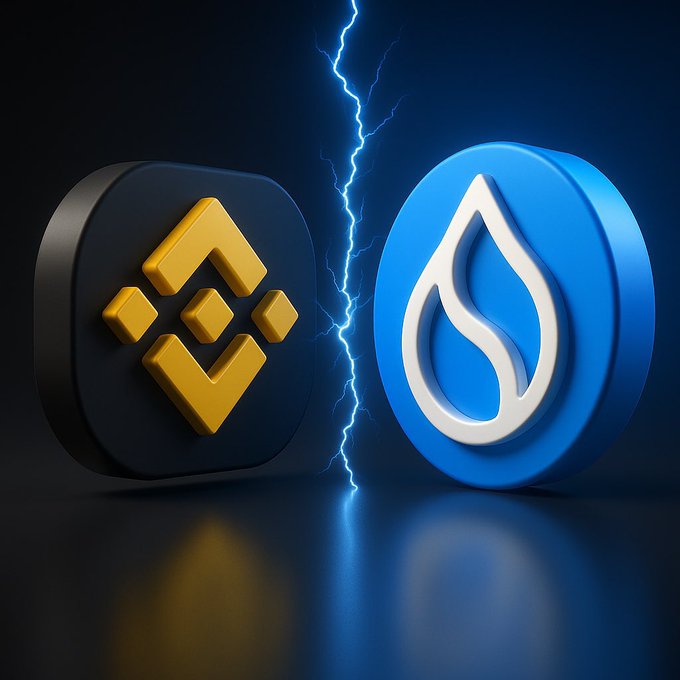 A digital graphic shows two cryptocurrency logos—Binance on the left and Sui on the right—separated by a vertical blue lightning bolt against a dark background.