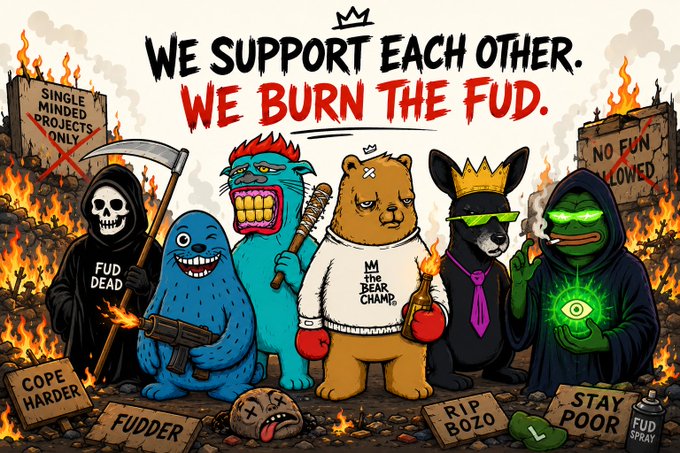 A cartoon-style illustration featuring several mascot characters standing in a fiery wasteland with tombstones. The text reads "WE SUPPORT EACH OTHER. WE BURN THE FUD." along with tombstones labeled "SINGLE MINDED PROJECTS ONLY" and "NO FUN ALLOWED," and signs reading "COPE HARDER," "FUDDER," "RIP BOZO," and "STAY POOR."