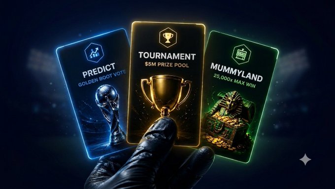 A gloved hand holds three glowing promotional cards for a gaming platform: 'PREDICT GOLDEN BOOT VOTE', 'TOURNAMENT $5M PRIZE POOL' with a gold trophy, and 'MUMMYLAND 25,000x MAX WIN' featuring a pharaoh-themed treasure chest.