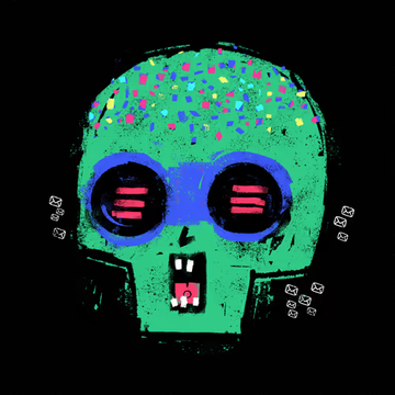A colorful digital illustration of a green skull with blue sunglasses and a vibrant, patterned brain set against a black background.