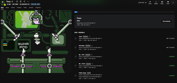 A Yume platform screen showing a pixel-art game level map on the left and a 'HUNT SCHEDULE' on the right, listing team options like Team, OG Chain, WL, WL FOF, and FOF Algo with start times and wallet addresses.