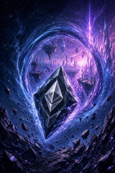A fantasy digital artwork depicting a large dark crystalline structure floating in space, surrounded by a swirling purple and blue portal revealing floating islands.