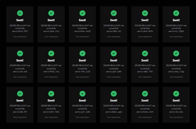 A grid of 18 dark transaction cards, each showing a green checkmark and 'Sent!' indicating successful transfers of 500,000 $BULL$HUNT to various wallet addresses including BYV4_Y91T, VQMX_6Yfo, and 6p4o_HmjE.