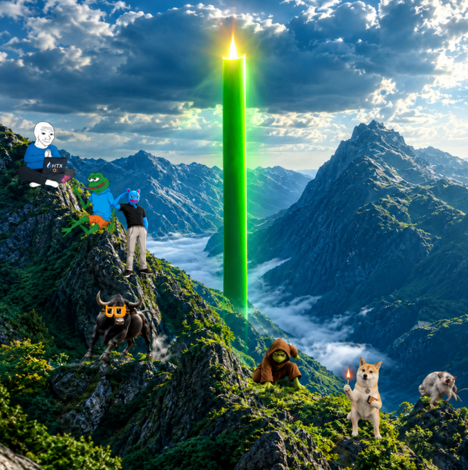 Whimsical mountain landscape image featuring a giant green candle as a central element, with various meme characters including Pepe the Frog, Wojak, a Shiba Inu, and others placed around the rocky terrain.