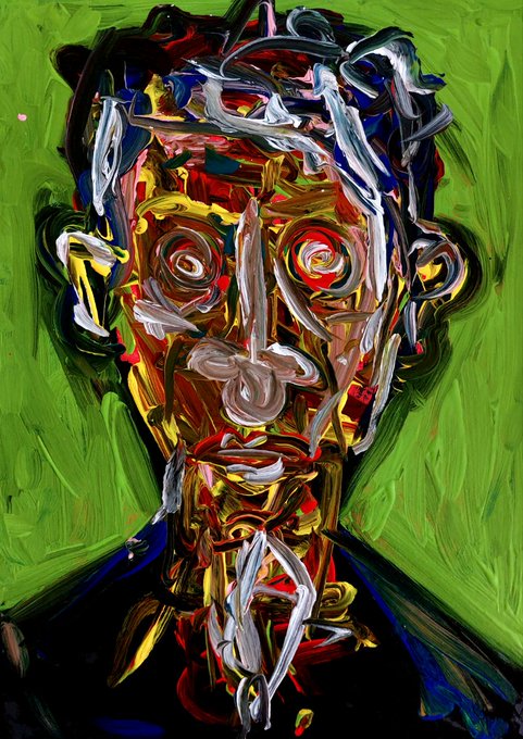 An abstract expressionist painting featuring a face composed of thick, swirling brushstrokes in red, white, yellow, and black against a green background.
