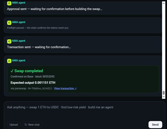 A chat interface with an 'AMA agent' showing transaction logs, culminating in a green 'Swap completed' message confirming 0.001151 ETH output via paraswap on the Base network.