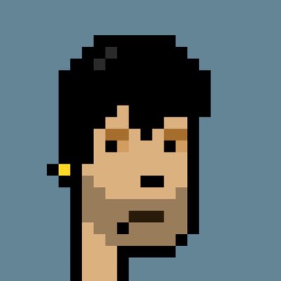 A pixel art portrait of a punk character with black spiky hair, a beard, and a yellow ear gauge against a blue background, embodying the "Punk szn" vibe with its edgy, rebellious aesthetic.