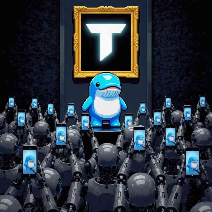 A pixel art blue dinosaur character standing beneath a glowing 'T' logo in an ornate gold frame, surrounded by an army of robots holding phones displaying the same dinosaur.