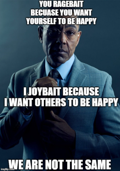The image features an older man wearing glasses and a suit standing against a dark background, with his hands on his hips. The caption of the image reads "You ragebait because you want yourself to be happy," which seems to be a reference to the post about being not the same as others. It is likely that this man is referencing the post's message about embracing one's uniqueness and individuality.