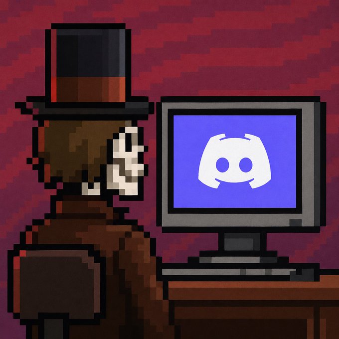 A pixel art illustration showing a skull-faced figure in a top hat looking at a computer monitor displaying the Discord logo against a dark red background.
