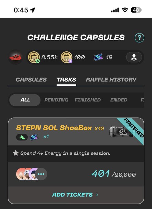 A screenshot of the STEPN app's "Challenge Capsules" Tasks tab shows a "STEPN SOL ShoeBox x10" challenge marked FINISHED, requiring spending 4+ Energy in a single session, with 401 of the 20,000 participant slots filled and an "Add Tickets" option to increase chances.