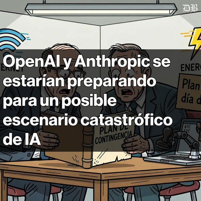 A cartoon image showing two nervous-looking businessmen reading a 'PLAN DE CONTINGENCIA' document, with text overlay in Spanish stating 'OpenAI y Anthropic se estarían preparando para un posible escenario catastrófico de IA' (OpenAI and Anthropic would be preparing for a possible catastrophic AI scenario).