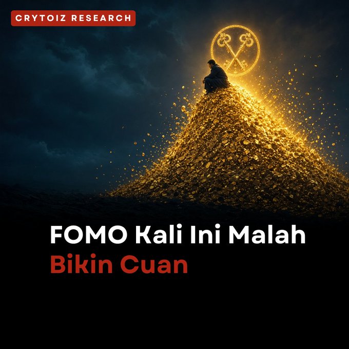 A dark, dramatic illustration from 'CRYPTOIZ RESEARCH' depicts a silhouetted figure sitting atop a massive glowing pile of gold coins, accompanied by a gold symbol, with the text 'FOMO Kali Ini Malah Bikin Cuan' (FOMO This Time Actually Makes Profit).