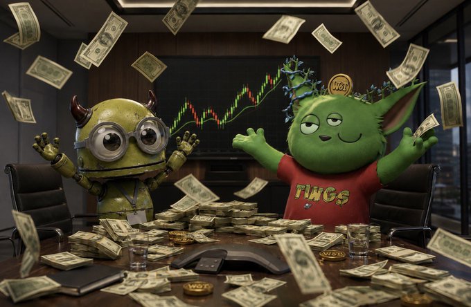A whimsical scene showing a Minion character with devil horns and a green goblin-like creature wearing a red 'FWGS' shirt, surrounded by flying cash and a stock chart in the background.