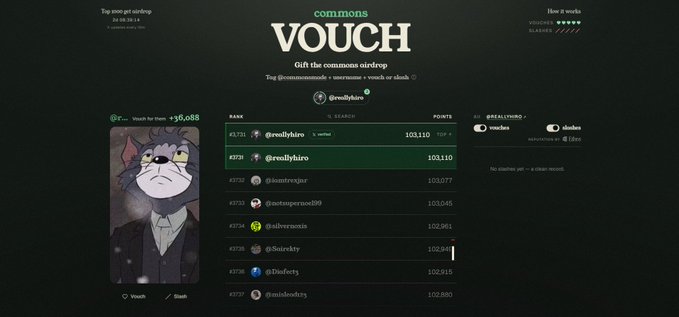 A 'commons VOUCH' webpage shows a top 100 get airdrop ranking list with user @reallyhiro in 1st place with 103,110 points.