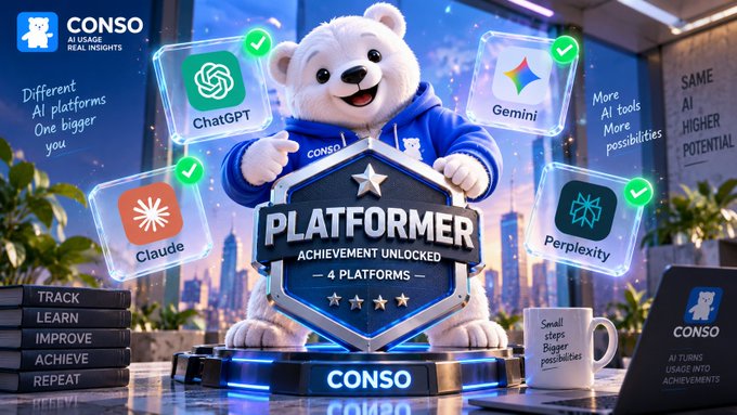 A digital graphic shows a white bear mascot holding a 'PLATFORMER ACHIEVEMENT UNLOCKED' shield, surrounded by logos for ChatGPT, Gemini, Claude, and Perplexity, with text reading 'CONSO AI USAGE REAL INSIGHTS' and 'Different AI platforms One bigger you'.