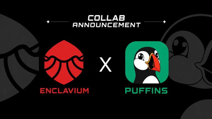 A 'COLLAB ANNOUNCEMENT' graphic featuring the red ENCLAVIUM logo and the green PUFFINS penguin logo separated by an 'X'.