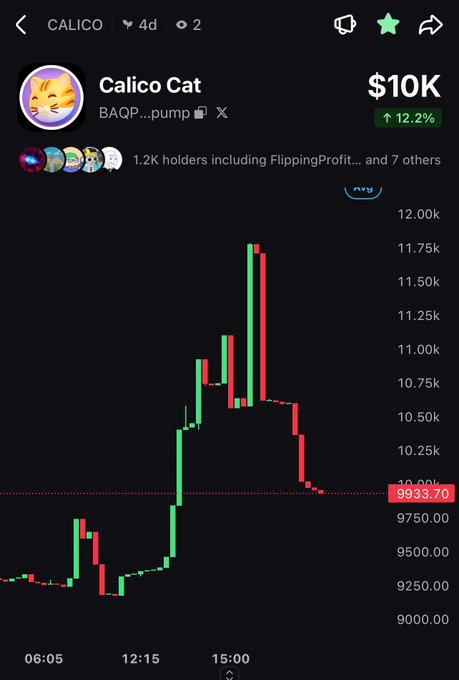 A mobile trading chart shows the $CALICO token (Calico Cat) trading at $10K with a 12.2% gain, displaying candlestick price action spiking to nearly $11.75K before retracing to $9,933.70 over a 4-day period among 1.2K holders. The chart supports the post's bullish "buy the dip" sentiment by illustrating the recent volatile but upward-trending price movement.