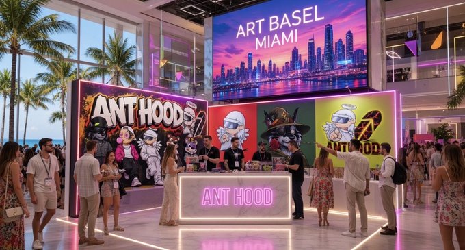 An Art Basel Miami branded booth for "ANT HOOD" features illuminated signage and colorful cartoon mascot characters, with a bustling crowd gathered around the display counter where attendees engage with the event. The vibrant setup, complete with a pink neon "ANT HOOD" sign and large digital screens, reflects the giveaway promotion offering 1,111 AntHood Genesis and 250 GTD spots.