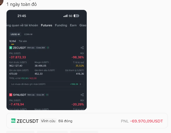 "This guy just lost nearly 70,000 US dollar from shorting ZEC. Vietnamese bros are playing futures big time these days, huh. All I see are orders in the tens of thousands of dollars—makes my spine chill just looking at it."