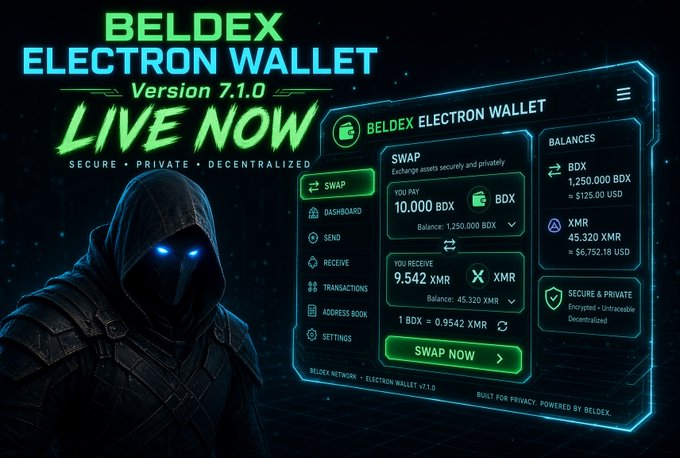 The Beldex Electron Wallet v7.1.0 is live, featuring an on‑the‑fly QuickEx swap (e.g., 10.000 BDX → 9.542 XMR) with balances of 1,250,000 BDX and 45.320 XMR, enabling private, decentralized asset movement without a centralized exchange.