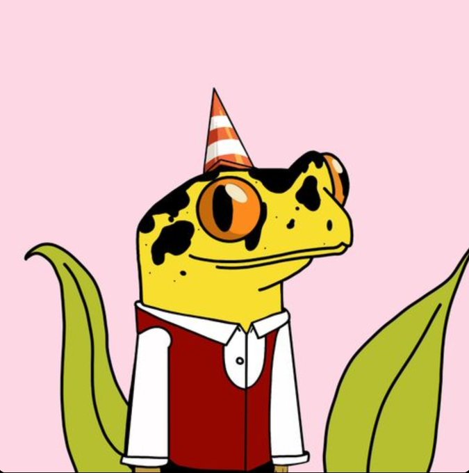 A cartoon illustration of a yellow frog with black spots wearing a red vest, white shirt, and a striped party hat, surrounded by green grass against a pink background.