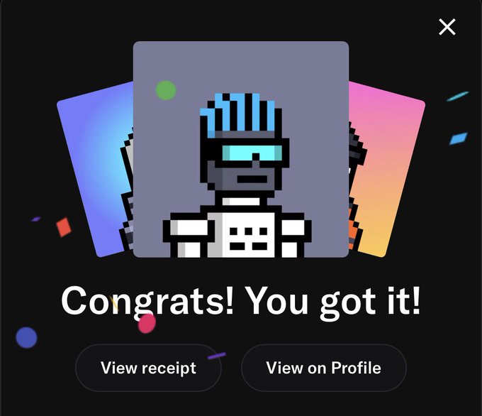 A digital notification screen displaying 'Congrats! You got it!' with a pixel art character NFT and buttons for 'View receipt' and 'View on Profile'.