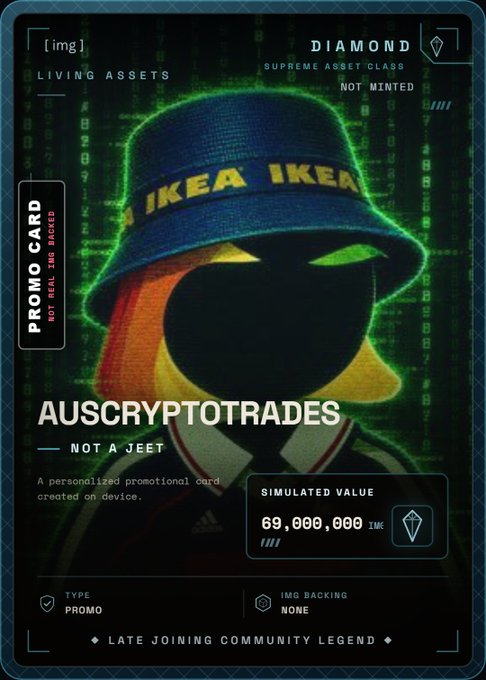 A digital 'DIAMOND' promotional card featuring a stylized figure wearing an IKEA bucket hat with 'AUSCRYPTOTRADES' and 'NOT A JEET' text, labeled as a 'PROMO CARD' with a simulated value of 69,000,000 IMG.