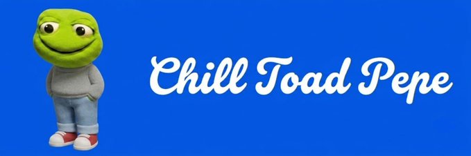 A green animated frog character wearing a gray shirt, jeans, and red sneakers stands smiling against a blue background next to the white script text "Chill Toad Pepe." The image directly illustrates the $CHILLTOAD token advertised in the post, combining the popular "Pepe the Frog" meme with a casual, relaxed aesthetic to represent the meme coin's branding.