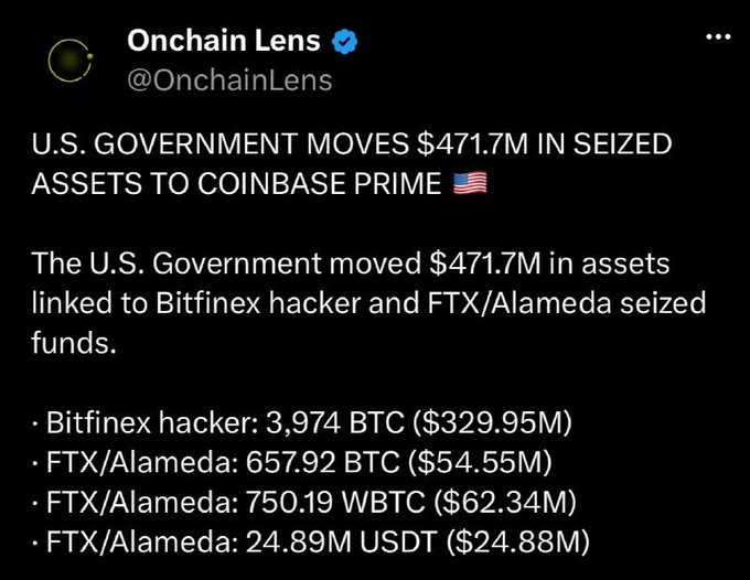 A tweet from @OnchainLens reporting that the U.S. Government moved $471.7M in seized assets to Coinbase Prime, including funds linked to the Bitfinex hacker and FTX/Alameda.
