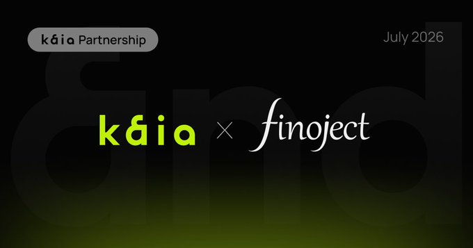 A partnership announcement graphic for July 2026, featuring the Kaia and Finoject logos with a "Kaia Partnership" label and a faint "and" watermark in the background. The image visually represents KaiaChain's collaboration with Finoject to advance compliance-compliant stablecoins and tokenized assets in Japan's regulatory landscape.