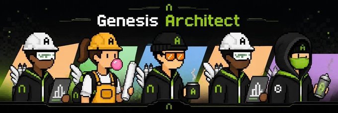 Pixel art banner titled 'Genesis Architect' featuring five character avatars wearing hard hats and hoodies, each marked with the letter 'A'.
