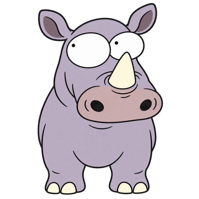 A cartoon illustration depicts a purple rhinoceros with bulging eyes, a pink snout, and a cream-colored horn standing on a white background.