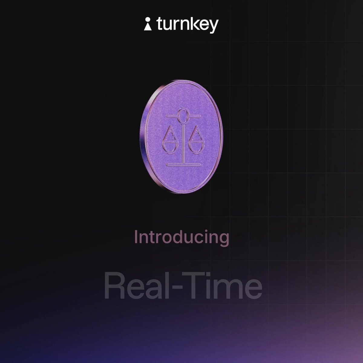 The image features a purple coin with an illustration of a scale symbolizing real-time balance management, which is related to the concept of token balances and monitoring internal wallets. The text "Introducing Real-Time Balances!" suggests that this new feature will allow users to access accurate token balances for every wallet secured by Turnkey, enabling them to track their balances in real-time and make informed decisions about their transactions.