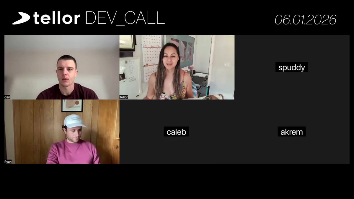 The image shows a group of three people sitting behind their computer screens, participating in a video call using Tellor's Dev Call platform. The screen displays the names of the participants, including "caleb" and "akram", as well as the date and time of the call. This post is about a recent video conference with these individuals, likely discussing a project or collaborating on a task.