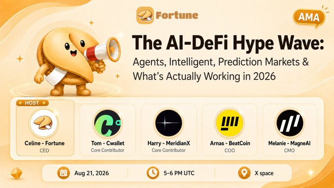A promotional graphic for a Fortune AMA session titled 'The AI-DeFi Hype Wave: Agents, Intelligent, Prediction Markets & What's Actually Working in 2026' featuring hosts from Cwallet, MeridianX, BeatCoin, and MagneAI, scheduled for August 21, 2026 at 5-6 PM UTC on X space.