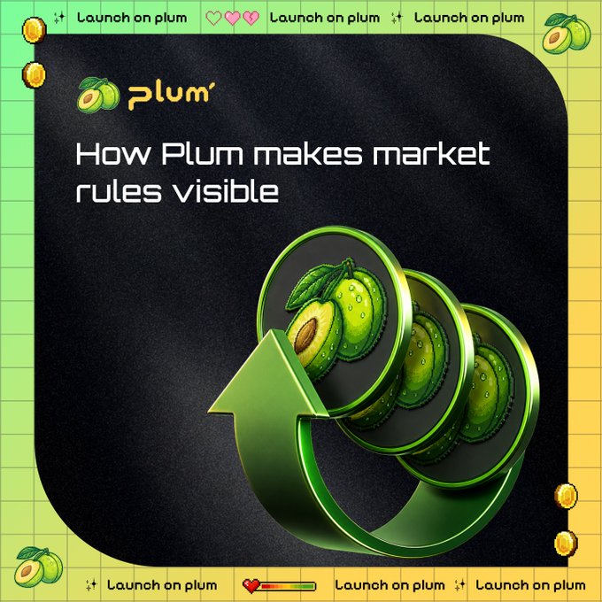 The image features a promotional graphic with a dark background and green border displaying the text "How Plum makes market rules visible" alongside the Plum logo and 3D illustrations of plums with an upward arrow. The design includes repeated "Launch on plum" text along the edges, visually reinforcing the post's message about transparency by showing Plum's commitment to making market mechanics and floor logic clear to users.