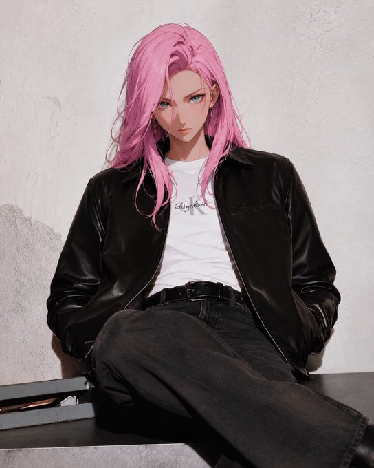 An animated character with long pink hair, blue eyes, wearing a white t-shirt and black leather jacket, sitting against a textured white wall.
