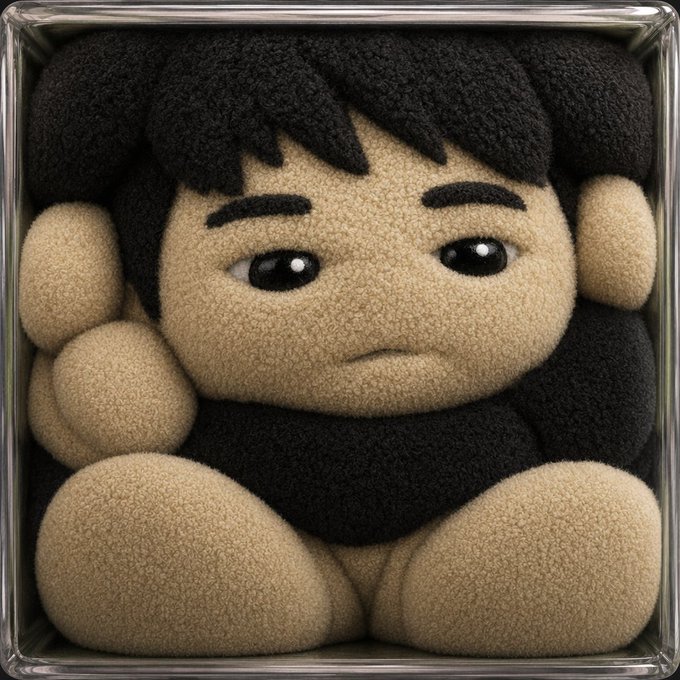 A close-up photograph of a plush doll with black hair, tan skin, and a black shirt, framed within a silver border.