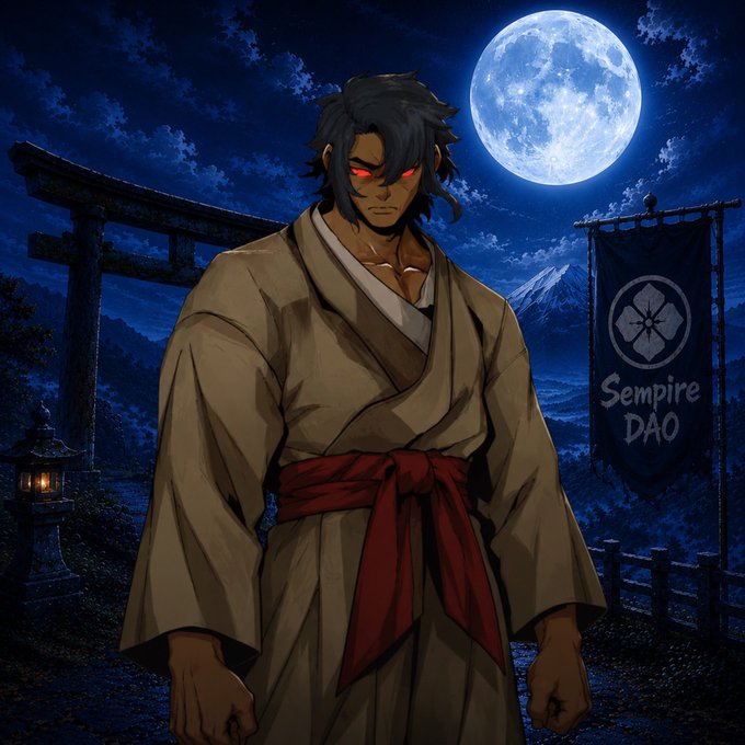 An anime-style warrior with glowing red eyes and dark hair stands in a tan robe with a red sash beneath a large full moon, with a torii gate behind him and a banner reading "Sempire DAO".
