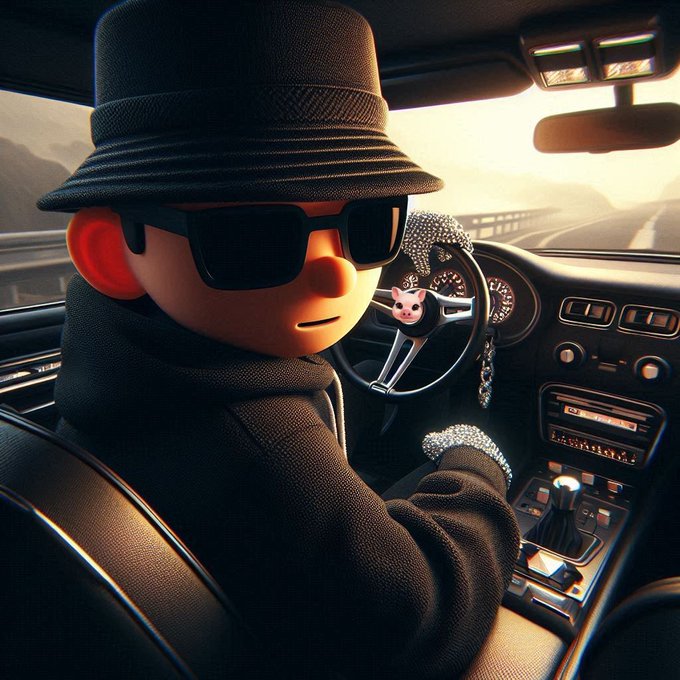 A 3D-rendered character wearing a black bucket hat, sunglasses, and dark coat drives a car, with a small mouse-like figure hanging from the steering wheel.