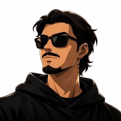 An anime-style digital illustration of a man with dark messy hair, a goatee, and black sunglasses wearing a black hoodie.
