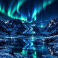 A landscape image showing the aurora borealis with green and purple lights illuminating a snowy mountain range reflected in a calm body of water under a starry night sky.