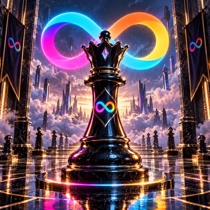 A fantasy digital artwork featuring a giant black and gold chess king piece with an infinity symbol on its front, standing in a grand hall with reflective floors. Behind it floats a large neon rainbow infinity symbol against a backdrop of futuristic spires piercing through the clouds.