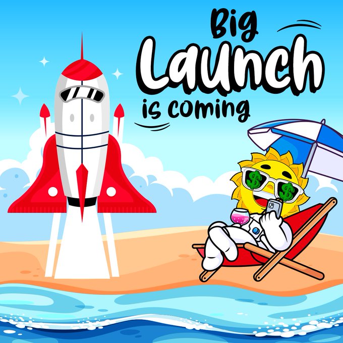 The cartoon image features an astronaut sun character relaxing on a beach chair with a drink under an umbrella while watching a rocket launch, accompanied by the text "Big Launch is coming." The image visually reinforces the post's message about an upcoming token launch, with the rocket symbolizing the imminent release and the cool, confident astronaut sun representing the excitement of early holders preparing to profit from the new $ANSEM meta.