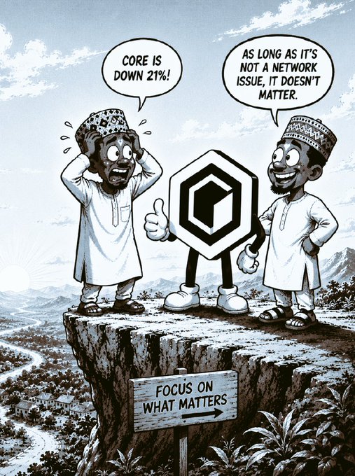 A cartoon shows two men on a cliff—one panicked declaring "CORE IS DOWN 21%!" while the other smiles and dismisses it with "AS LONG AS IT'S NOT A NETWORK ISSUE, IT DOESN'T MATTER," with a Core (blockchain) logo character standing between them and a sign reading "FOCUS ON WHAT MATTERS." The image humorously illustrates the post's message about prioritizing network functionality over token price fluctuations.