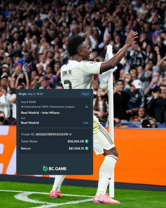 A promotional image showing soccer player Vinícius Jr. celebrating in a Real Madrid kit, overlaid with a BC.GAME betting slip for the UEFA Champions League match Real Madrid vs Inter Milano on Sep 8, showing a total stake of $50,005.00 and a return of $81,008.10.