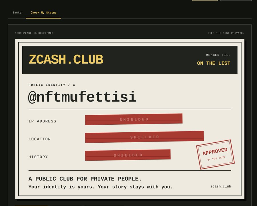 A member profile card for "ZCASH.CLUB" displays the public identity "@nftmufettisi" on a black and cream design, with IP address, location, and history fields all marked "SHIELDED" and an "APPROVED BY THE CLUB" stamp.
