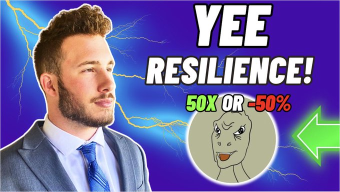 A YouTube thumbnail-style image featuring a man in a suit next to bold text reading 'YEE RESILIENCE! 50X OR -50%' alongside a cartoon face with a green arrow on a purple lightning background.