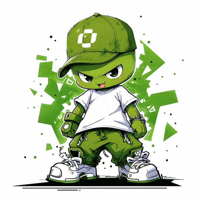 A cartoon illustration of a green-skinned character wearing a green cap with a logo, a white t-shirt, green cargo shorts, and oversized sneakers, posing confidently against a graffiti-style background.